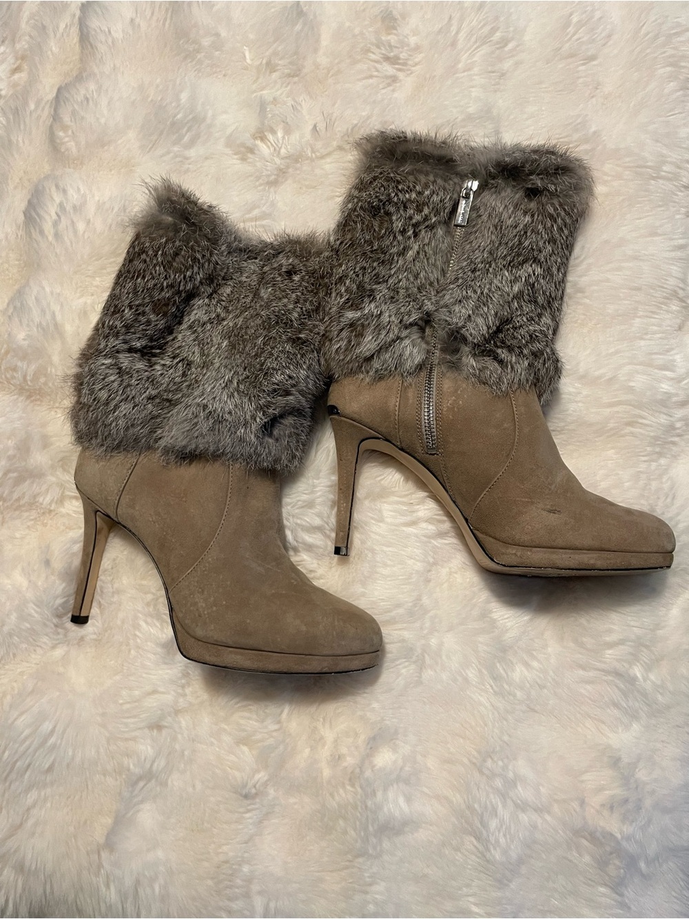 Michael Kors Taupe Suede Fur-Cuff Stiletto Ankle Boots